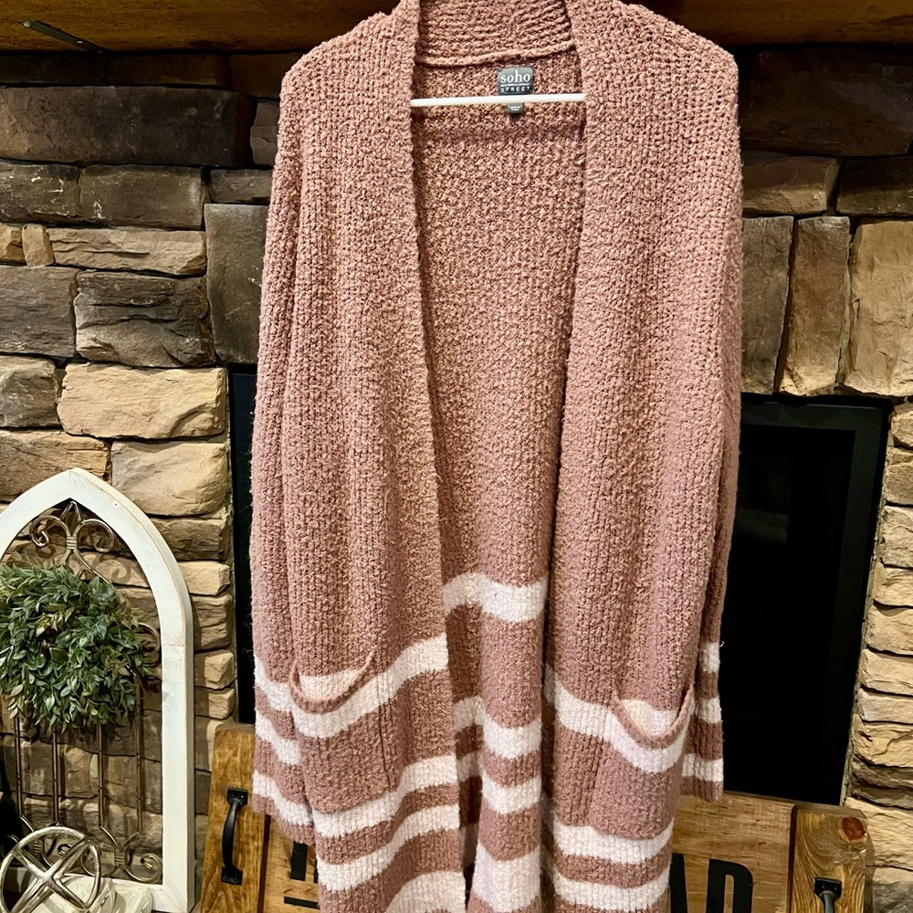 Soho Pink Cardigan Sweater with Open Front Design and Striped Hem